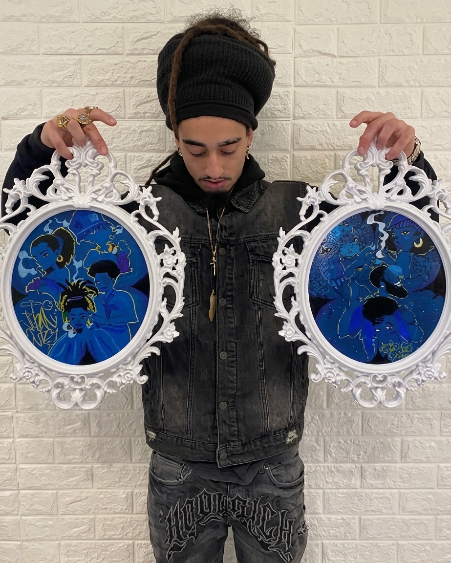 Johnny com dois quadros de arte